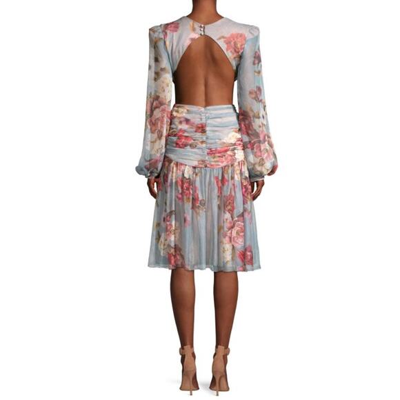 PatBo Peony Print Cutout Midi Crepe Long Sleeve Blue Pink Dress US Size 12 - Picture 8 of 16